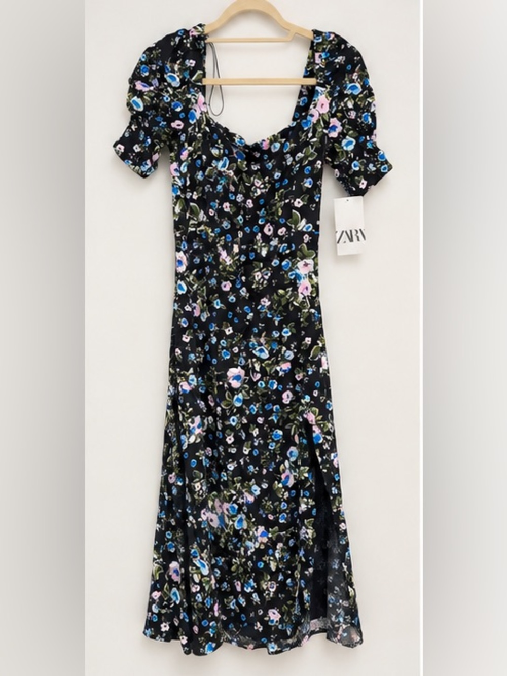 NWT ZARA Black Floral Midi Dress Front Slit Size S